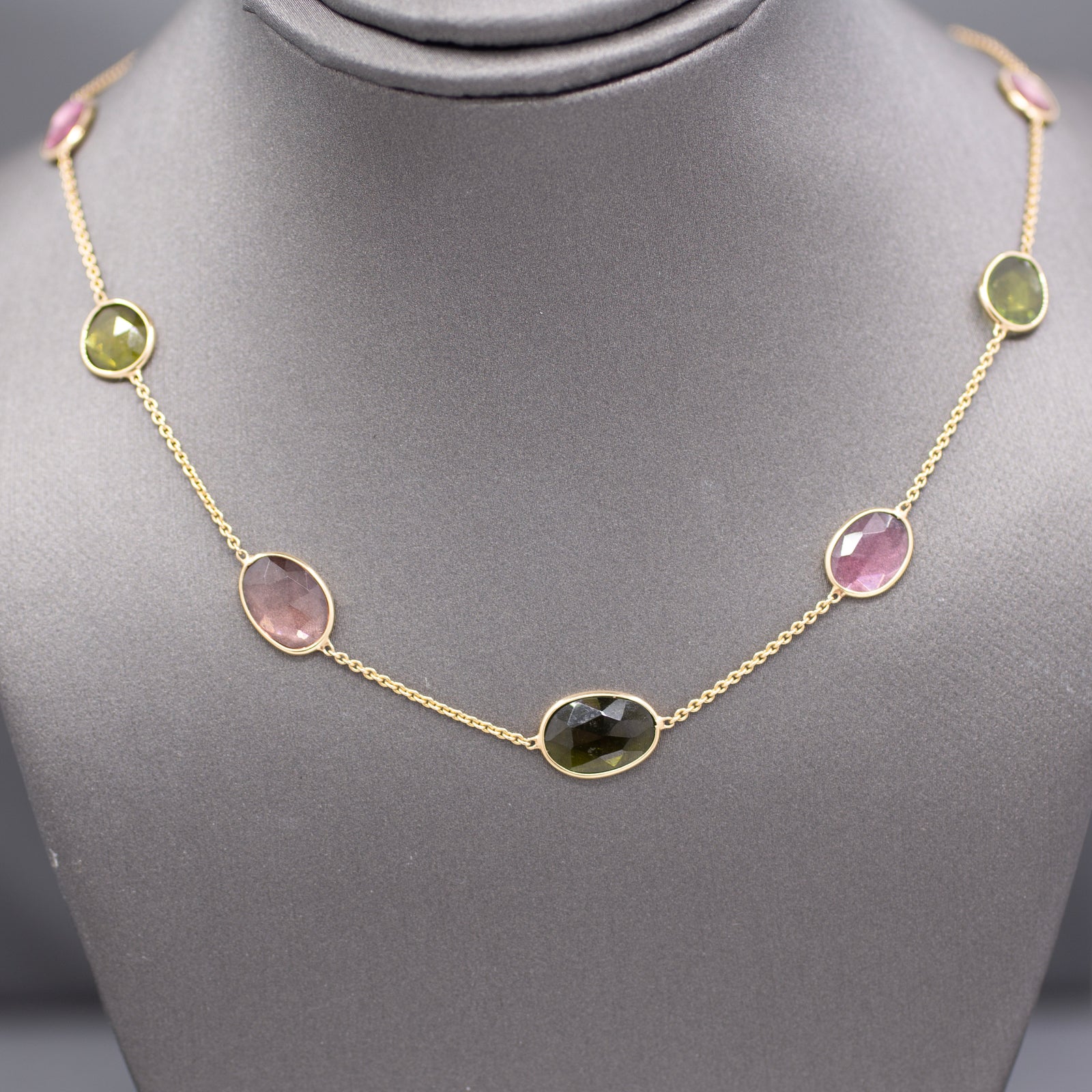 Multi-Color Tourmaline Rose Cut Bezel Set Station Necklace in 14k Yellow Gold