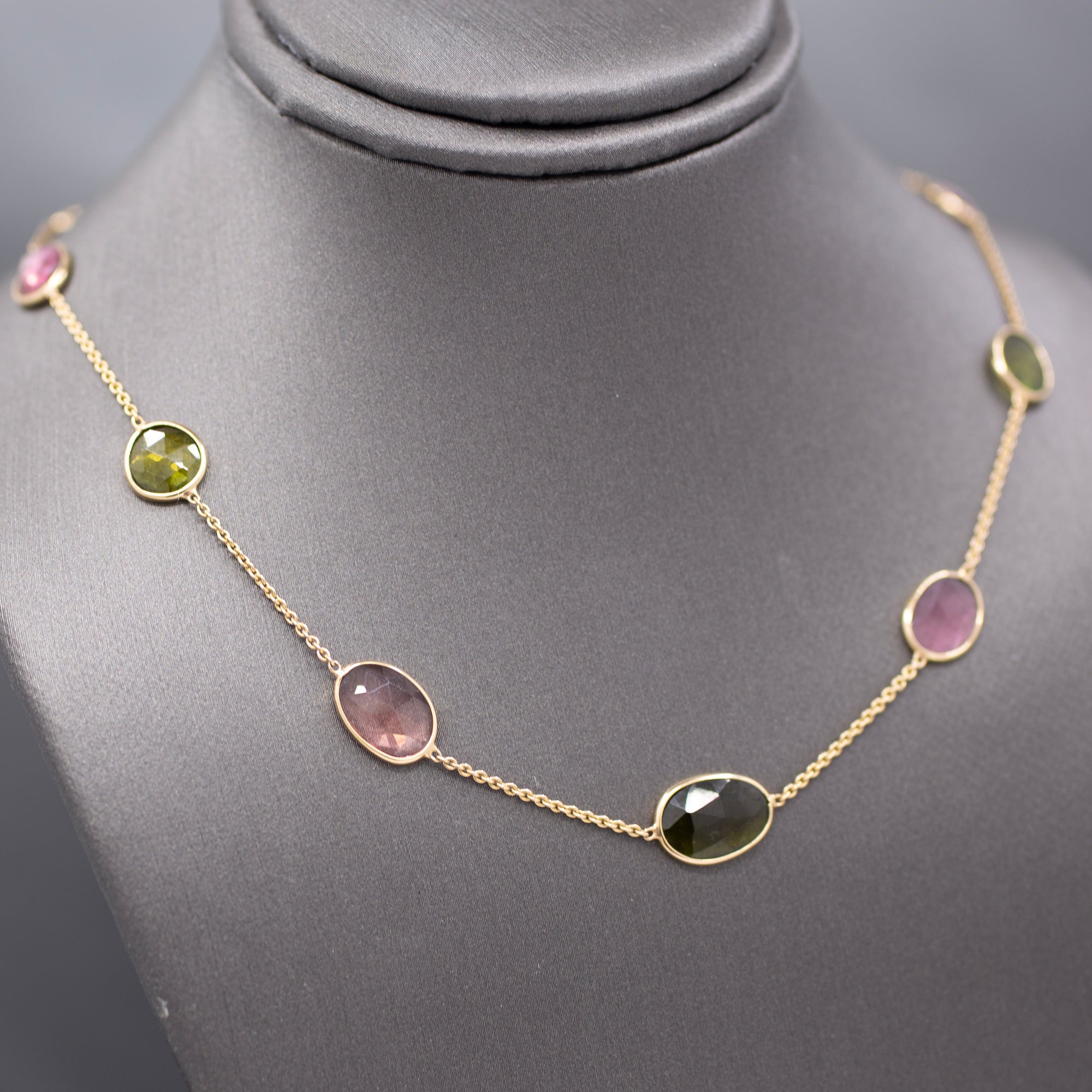 Multi-Color Tourmaline Rose Cut Bezel Set Station Necklace in 14k Yellow Gold