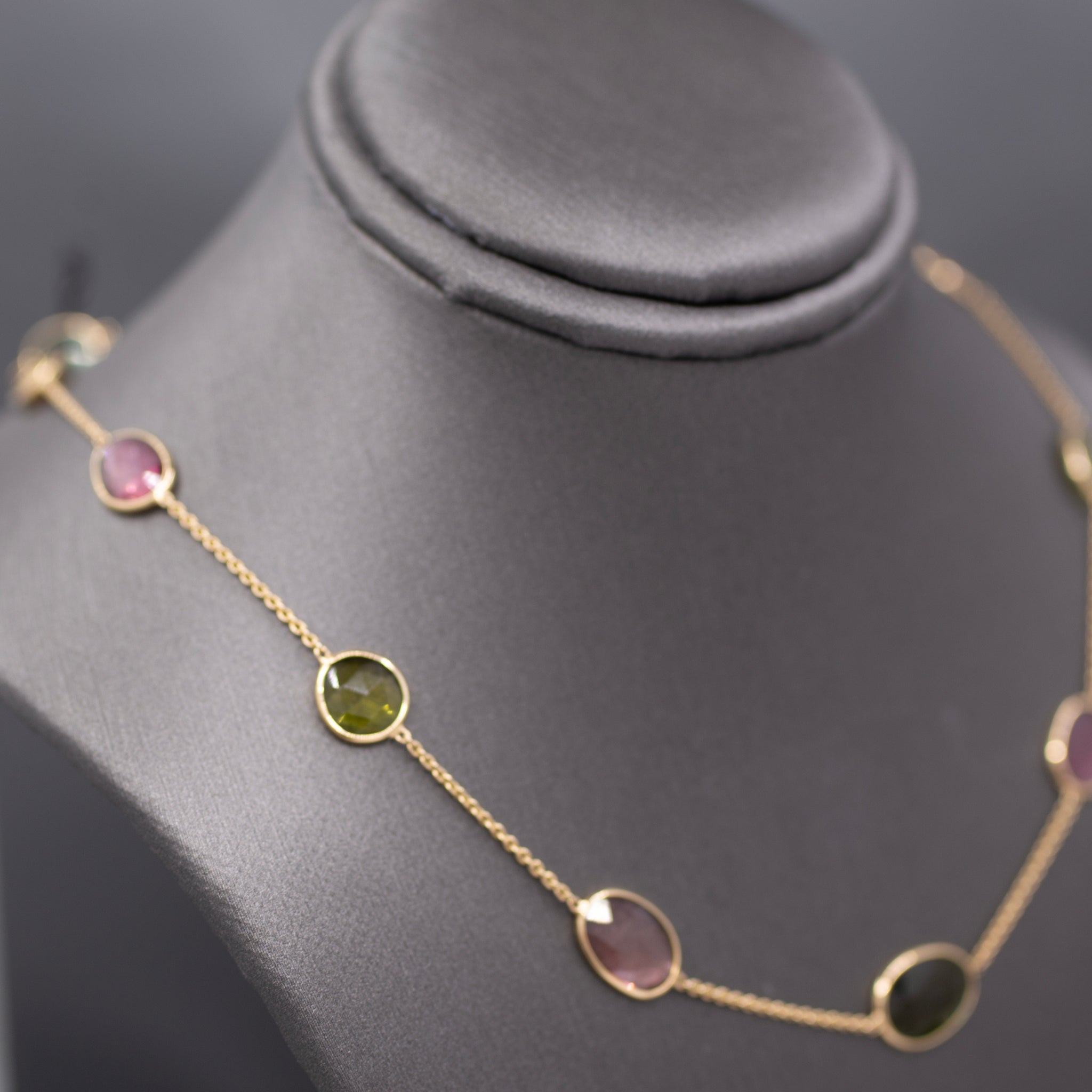 Multi-Color Tourmaline Rose Cut Bezel Set Station Necklace in 14k Yellow Gold