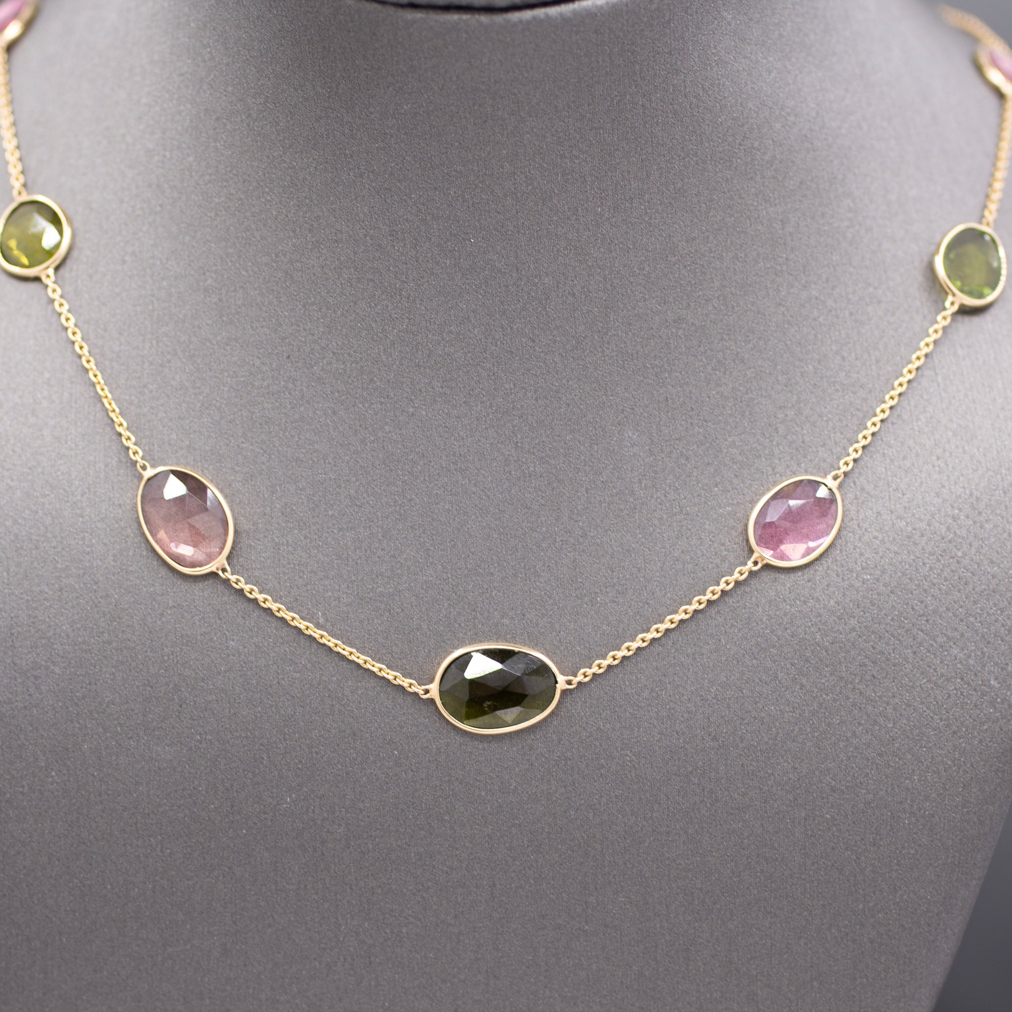 Multi-Color Tourmaline Rose Cut Bezel Set Station Necklace in 14k Yellow Gold