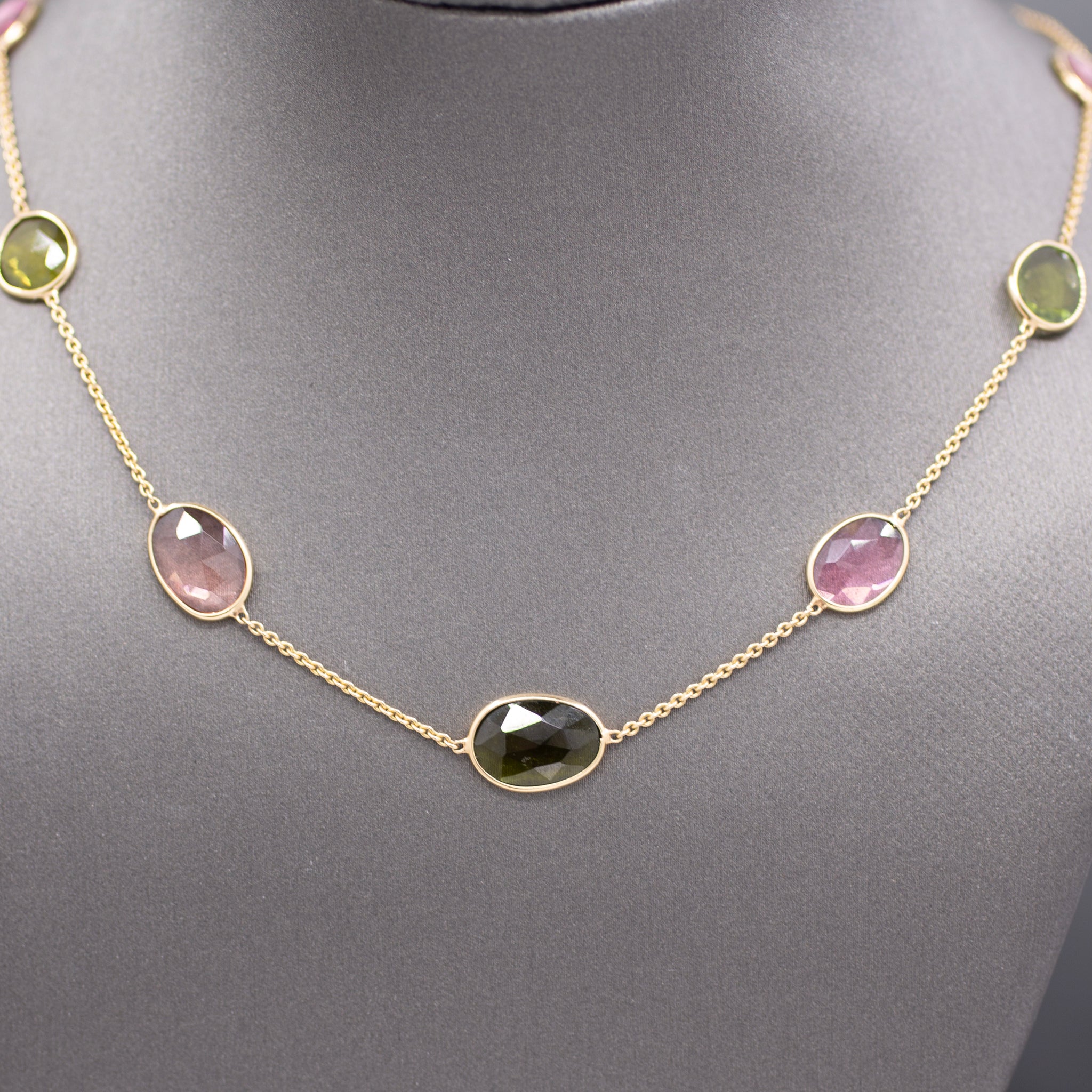 Multi-Color Tourmaline Rose Cut Bezel Set Station Necklace in 14k Yellow Gold