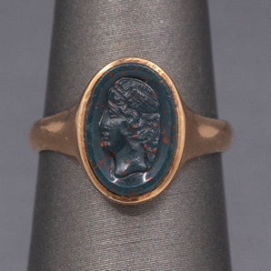 Victorian Bloodstone Cameo of Woman Bezel Set Ring in 10k Rose Gold