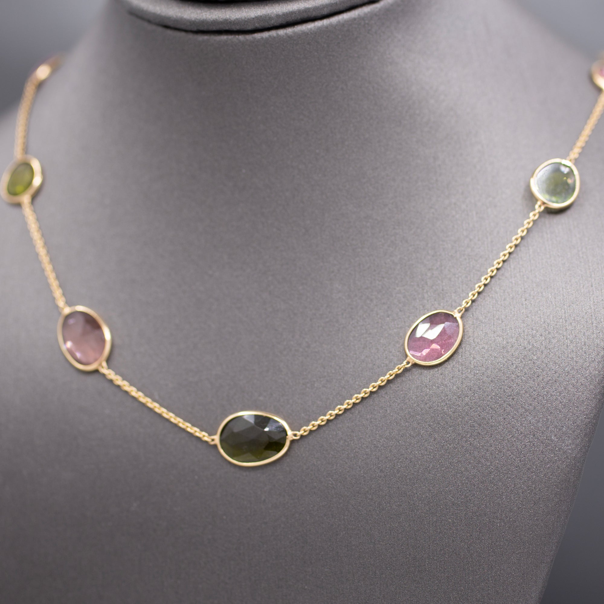 Multi-Color Tourmaline Rose Cut Bezel Set Station Necklace in 14k Yellow Gold
