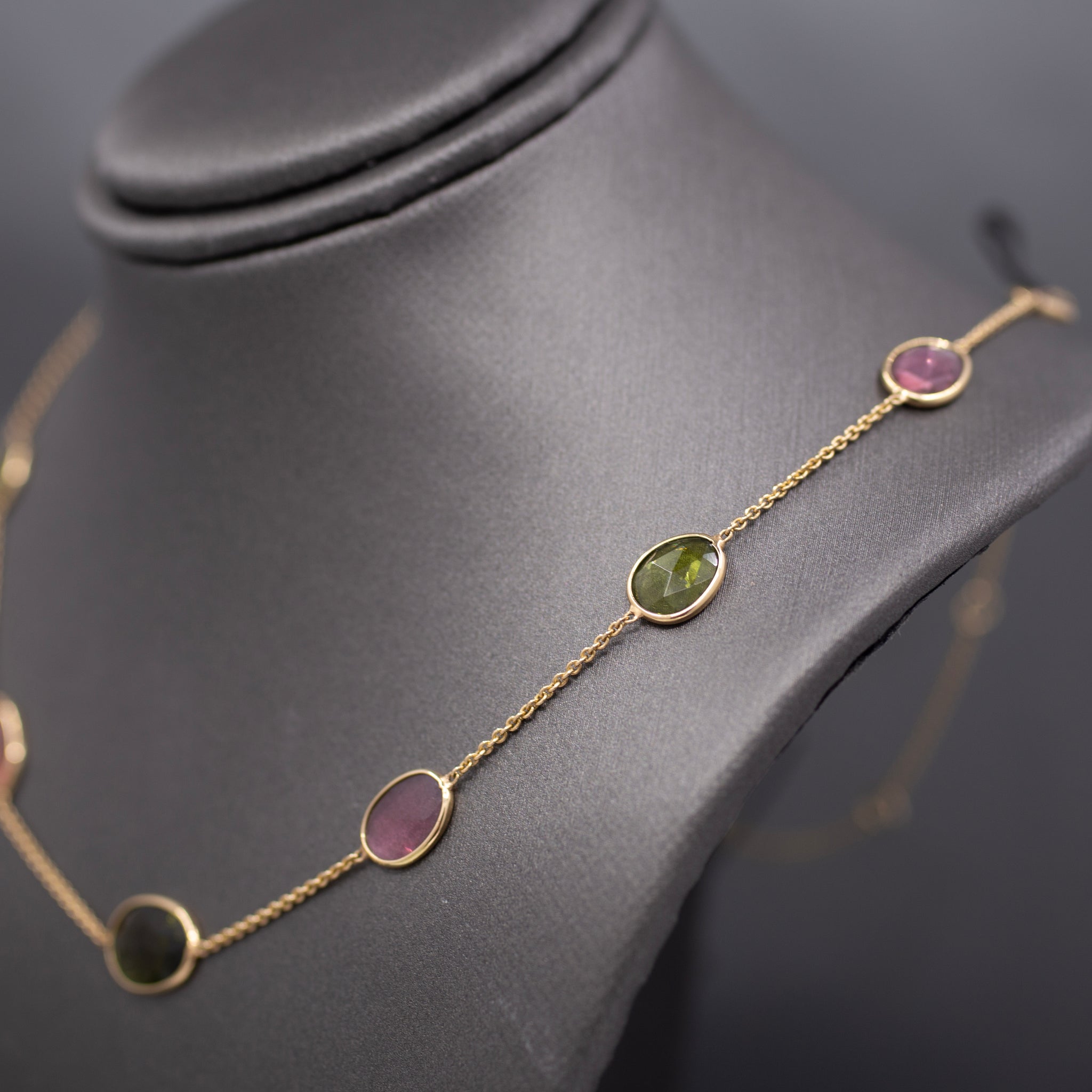 Multi-Color Tourmaline Rose Cut Bezel Set Station Necklace in 14k Yellow Gold