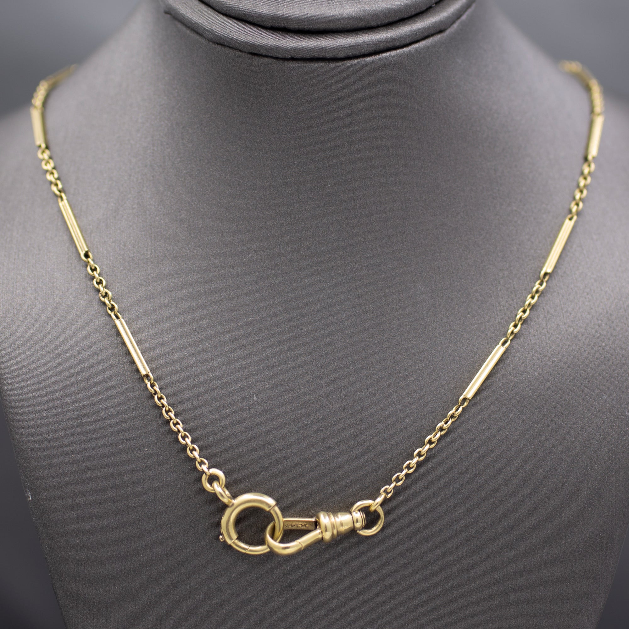 Victorian Watch Chain Bar Link Necklace in 14k Yellow Gold 16" with Dog Clip
