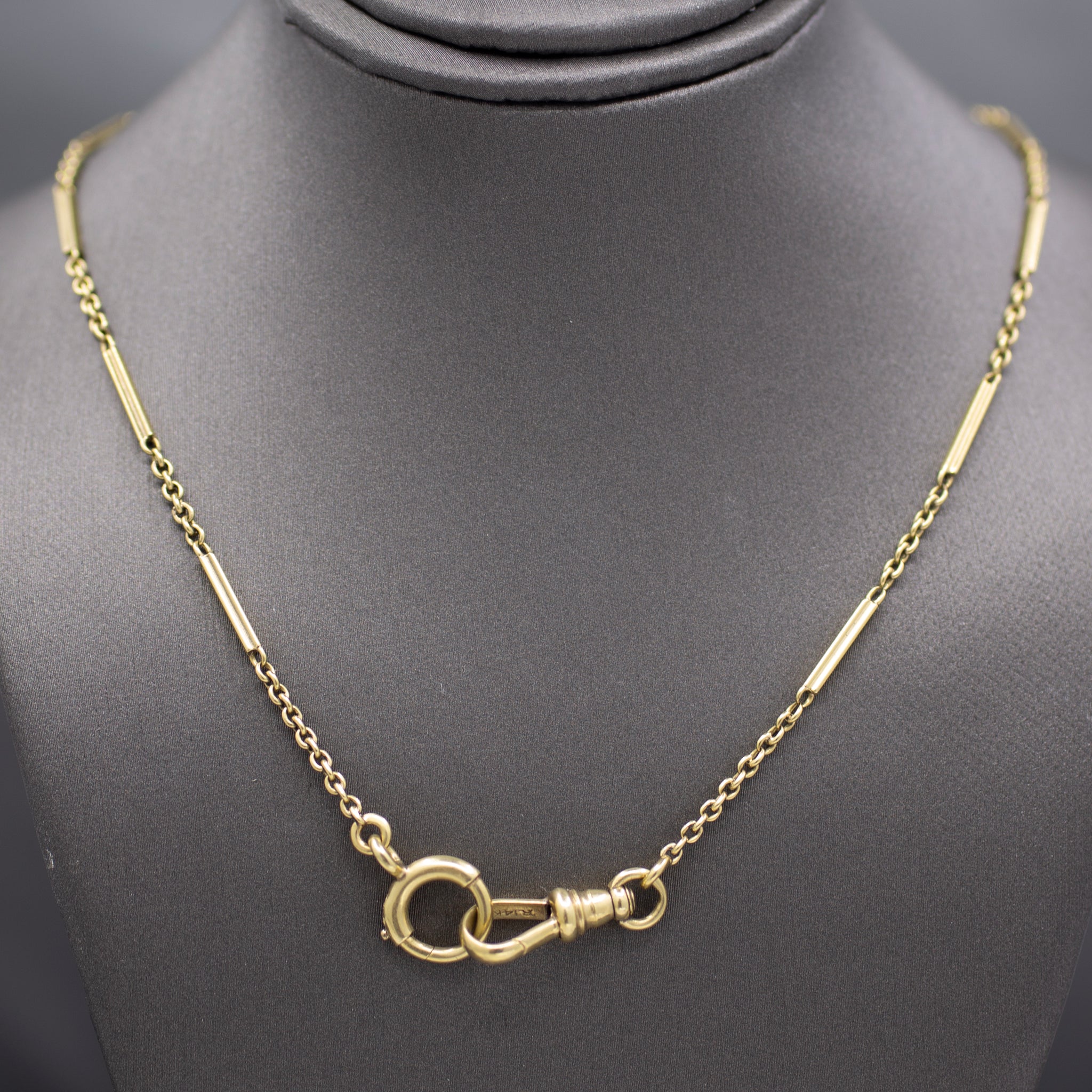 Victorian Watch Chain Bar Link Necklace in 14k Yellow Gold 16" with Dog Clip
