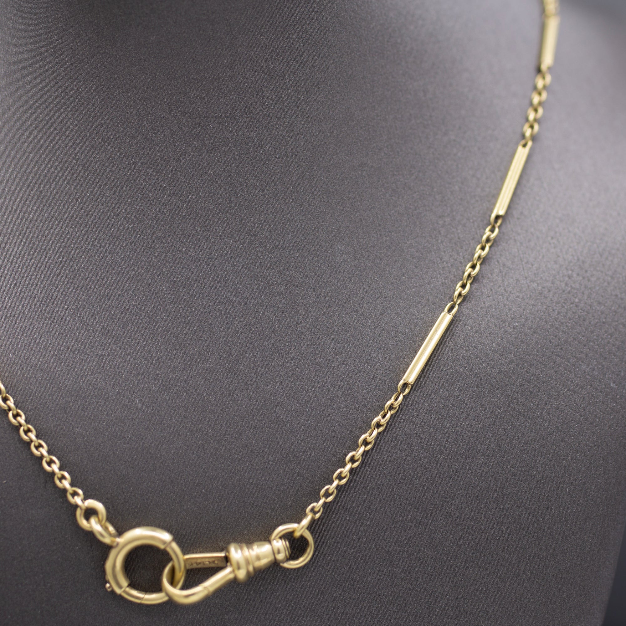 Victorian Watch Chain Bar Link Necklace in 14k Yellow Gold 16" with Dog Clip