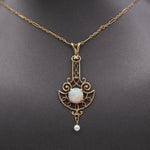 Lovely Art Nouveau Opal and Pearl Drop Pendant Necklace in 14k Rosy Gold