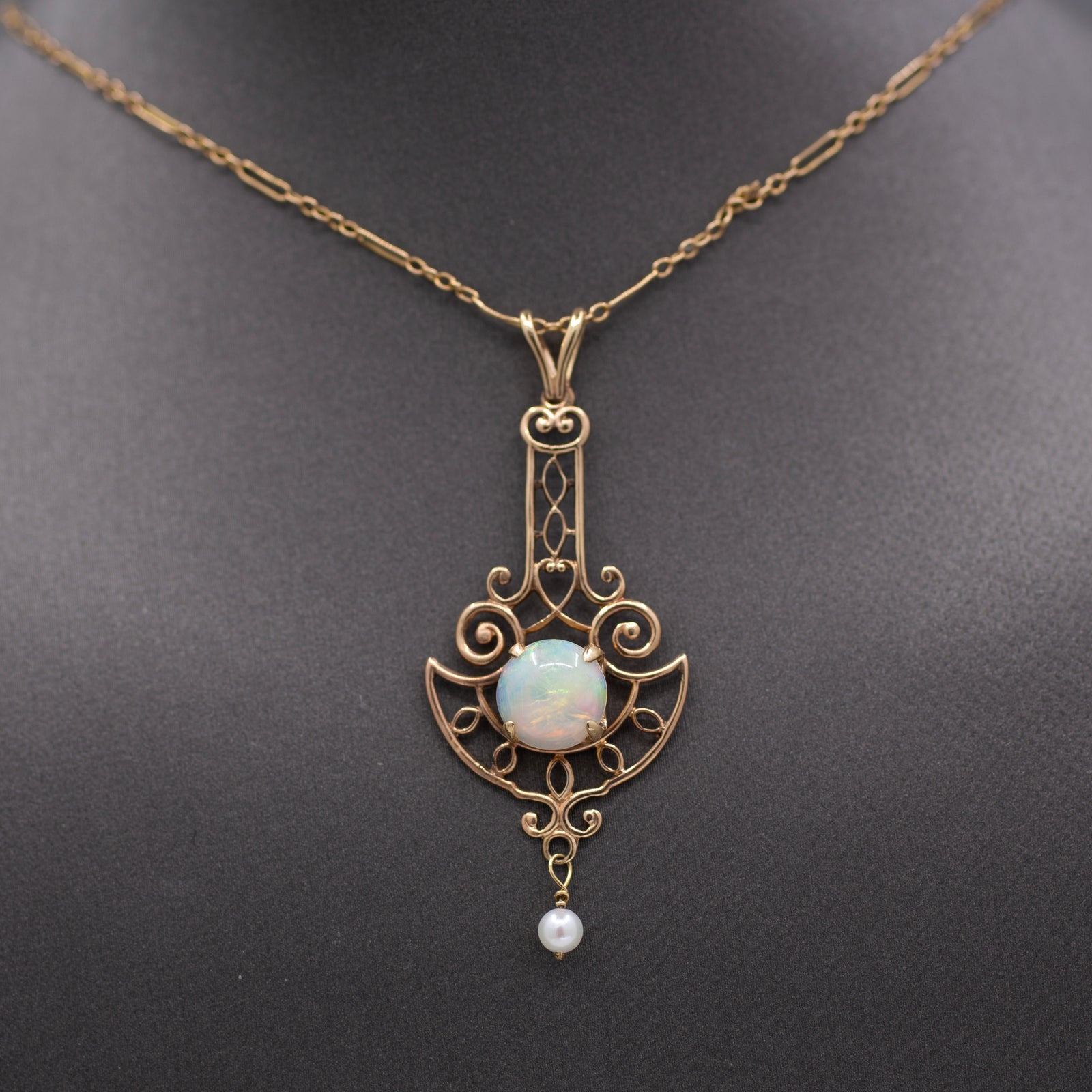 Lovely Art Nouveau Opal and Pearl Drop Pendant Necklace in 14k Rosy Gold