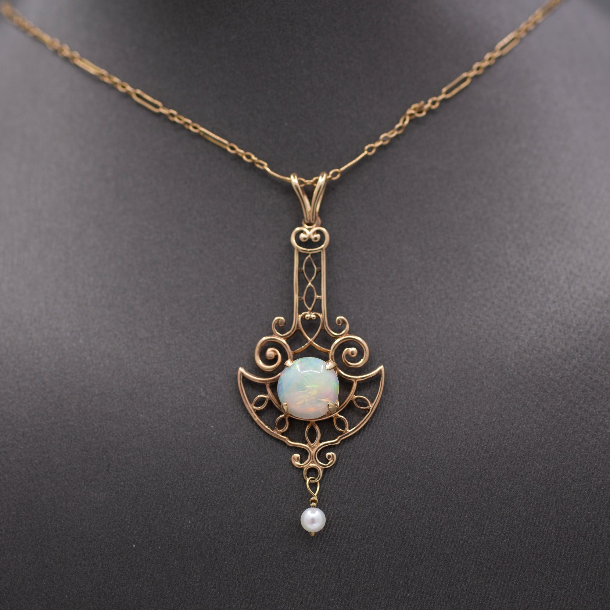 Lovely Art Nouveau Opal and Pearl Drop Pendant Necklace in 14k Rosy Gold