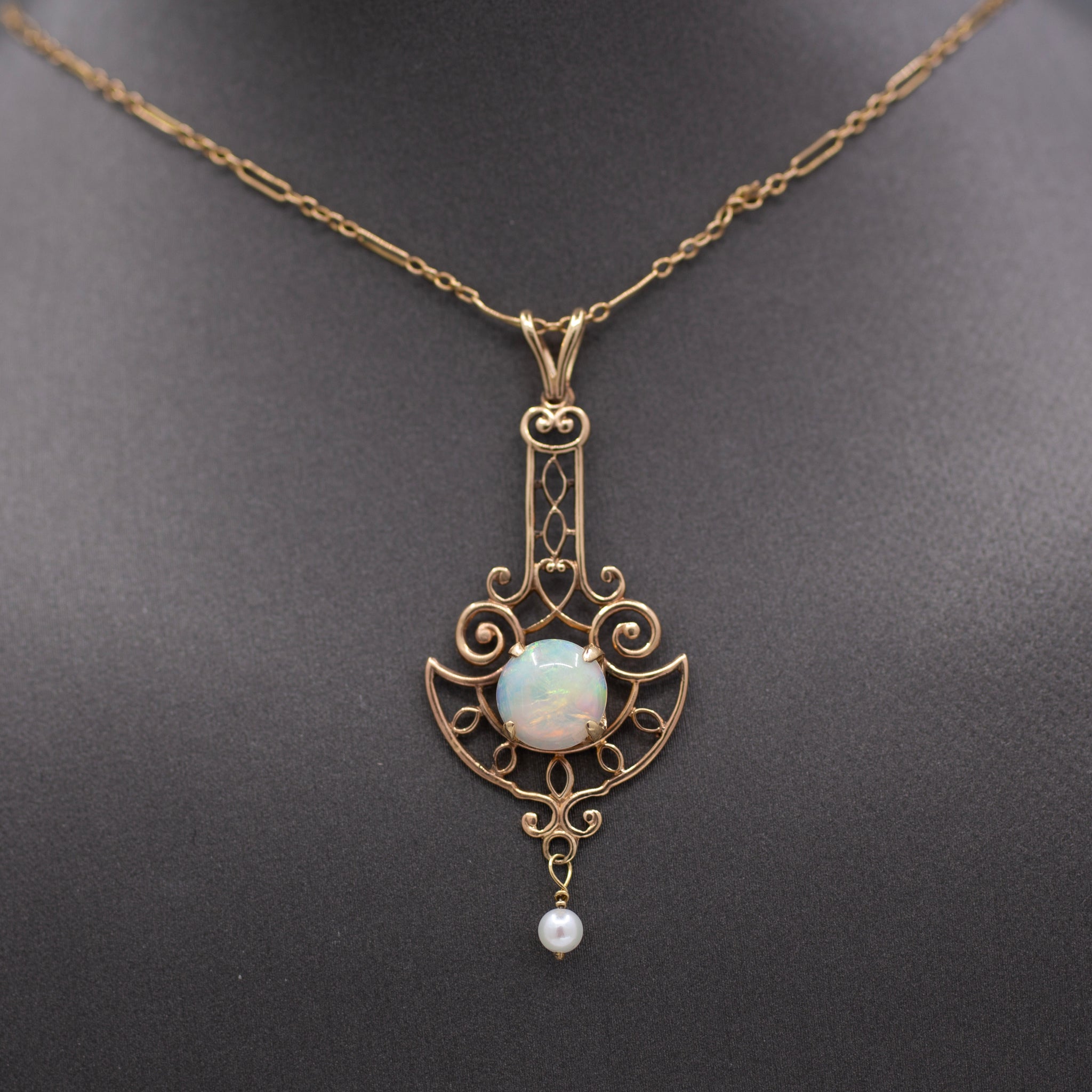 Lovely Art Nouveau Opal and Pearl Drop Pendant Necklace in 14k Rosy Gold