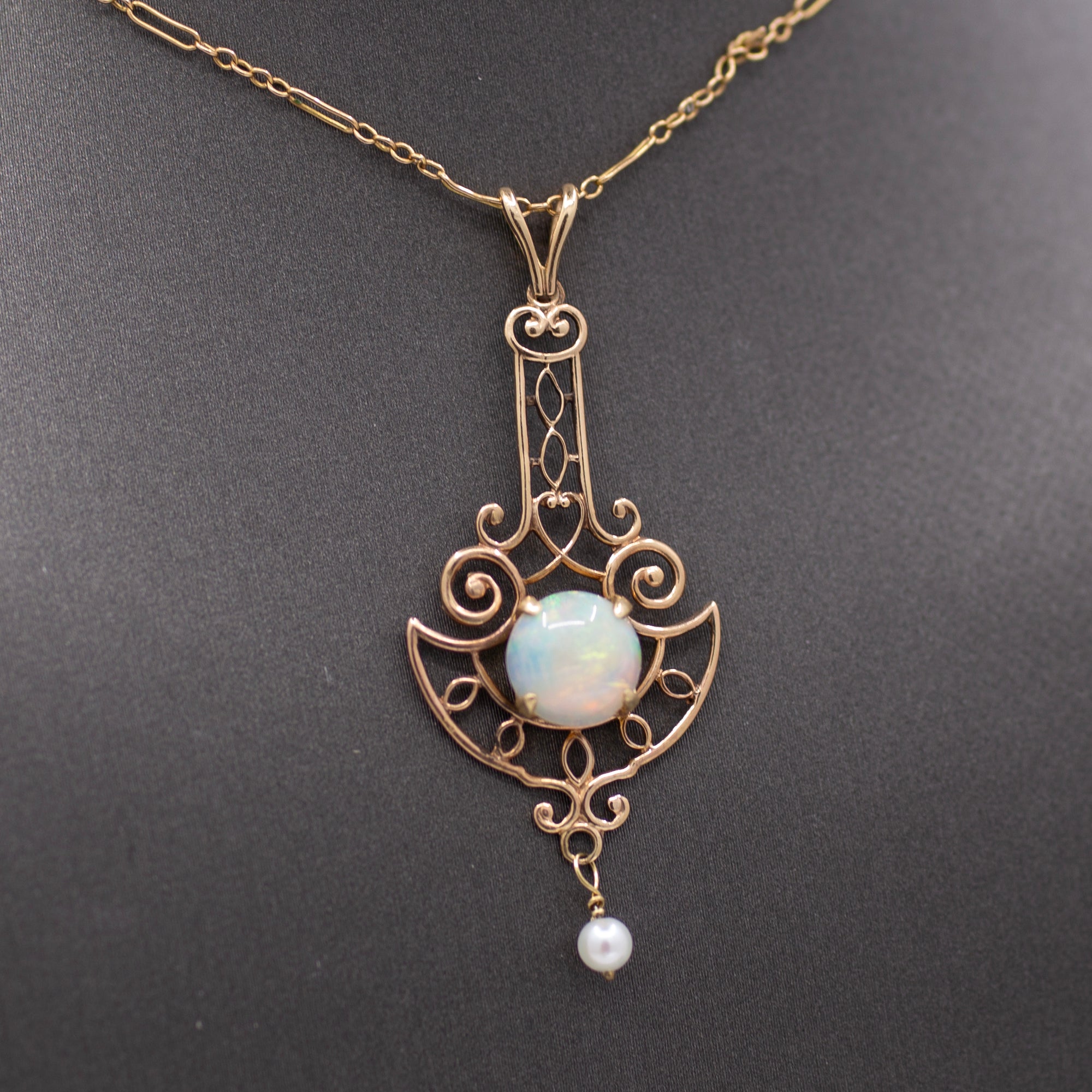 Lovely Art Nouveau Opal and Pearl Drop Pendant Necklace in 14k Rosy Gold
