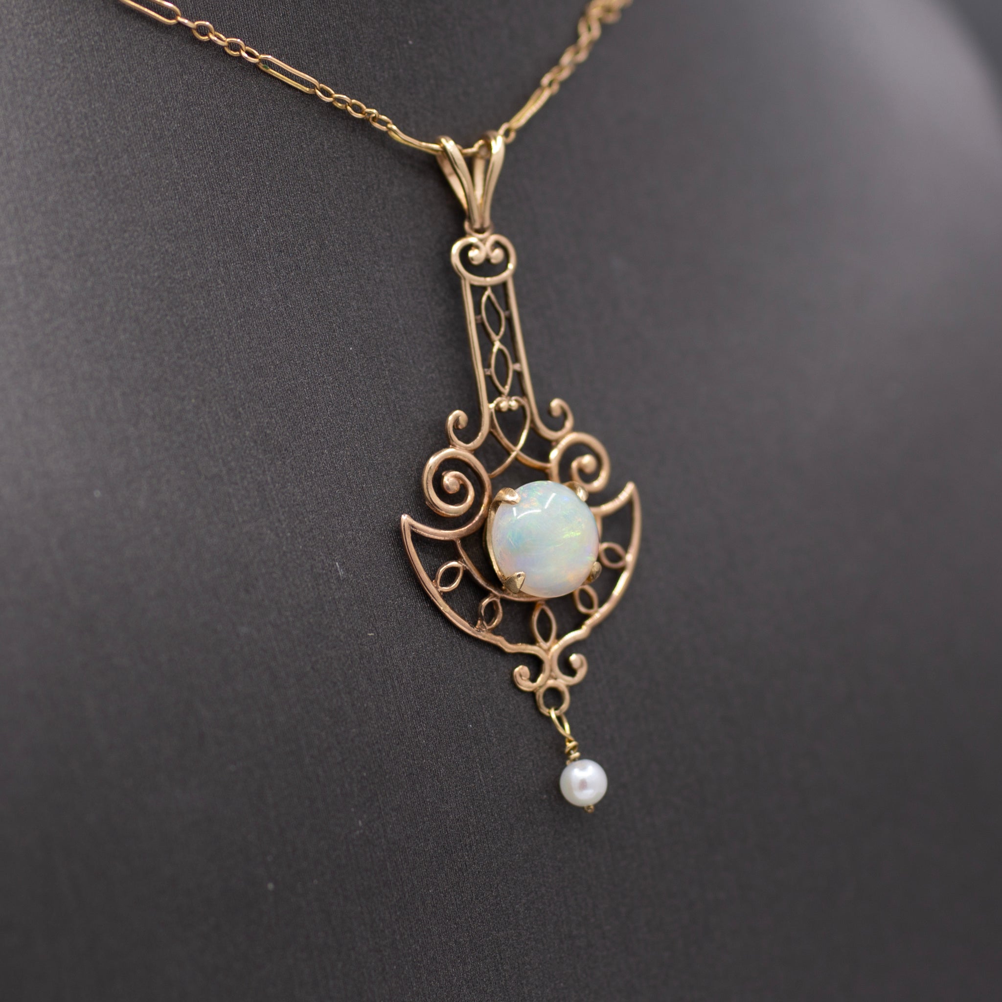 Lovely Art Nouveau Opal and Pearl Drop Pendant Necklace in 14k Rosy Gold