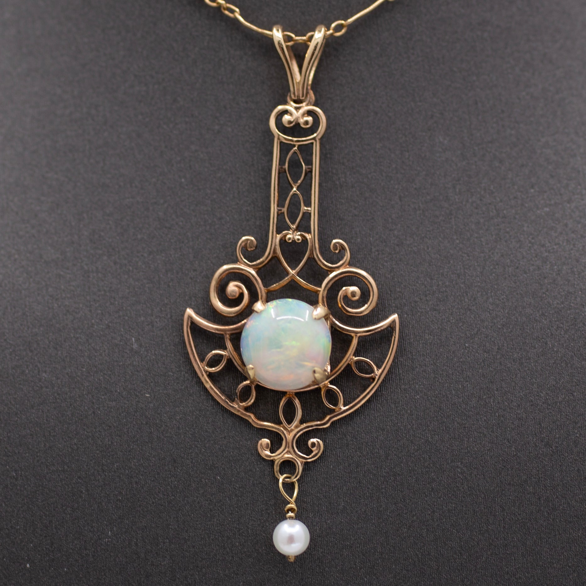 Lovely Art Nouveau Opal and Pearl Drop Pendant Necklace in 14k Rosy Gold