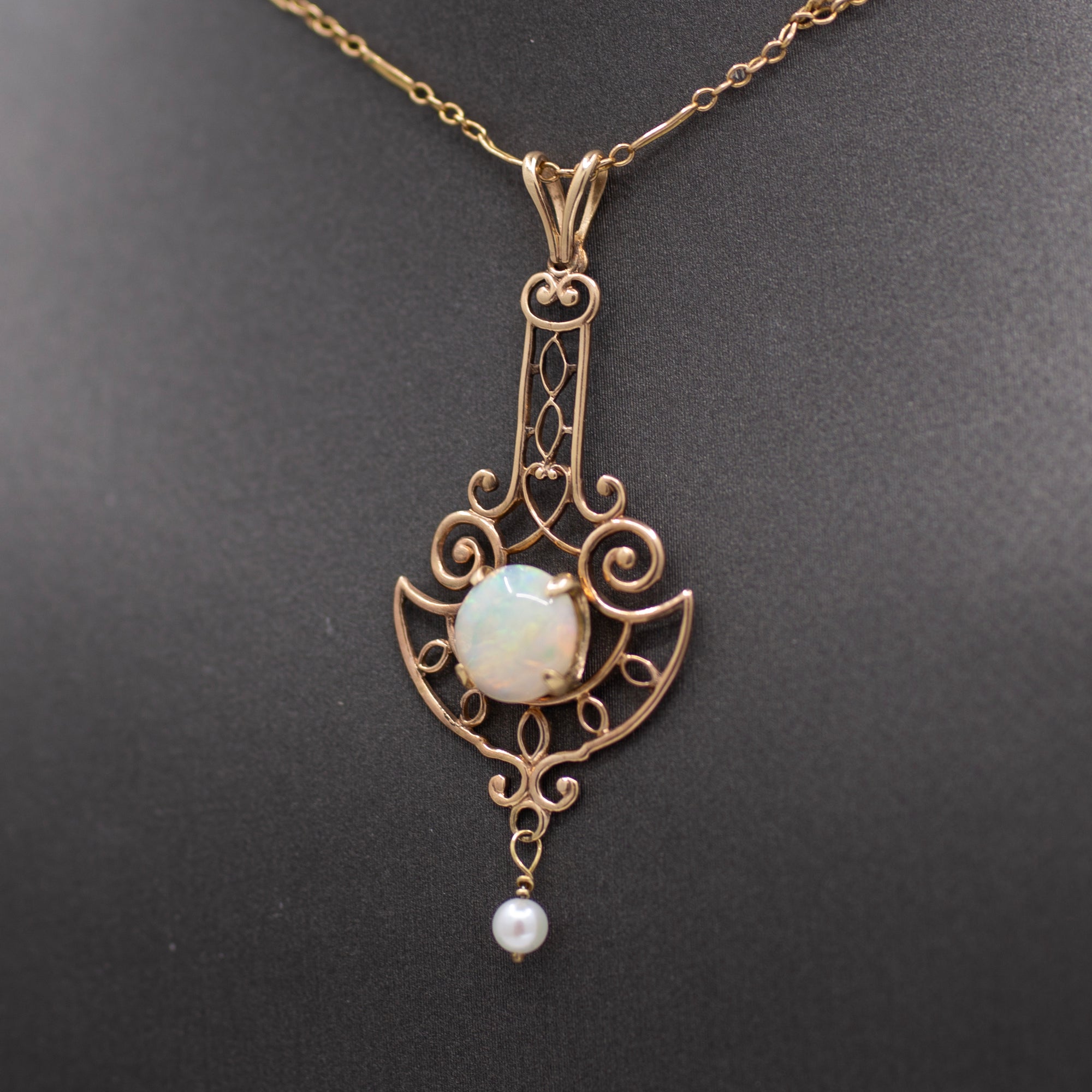 Lovely Art Nouveau Opal and Pearl Drop Pendant Necklace in 14k Rosy Gold