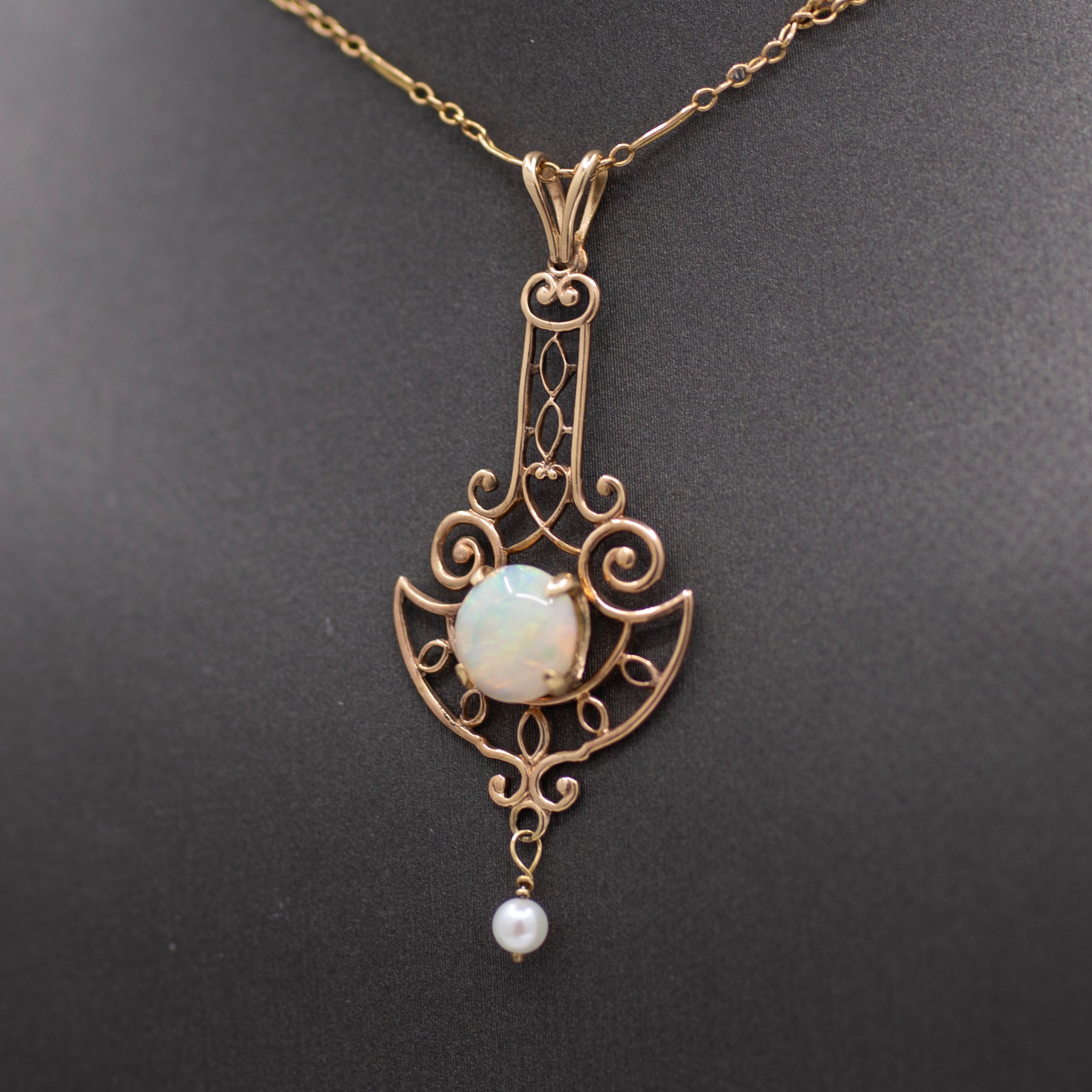 Lovely Art Nouveau Opal and Pearl Drop Pendant Necklace in 14k Rosy Gold