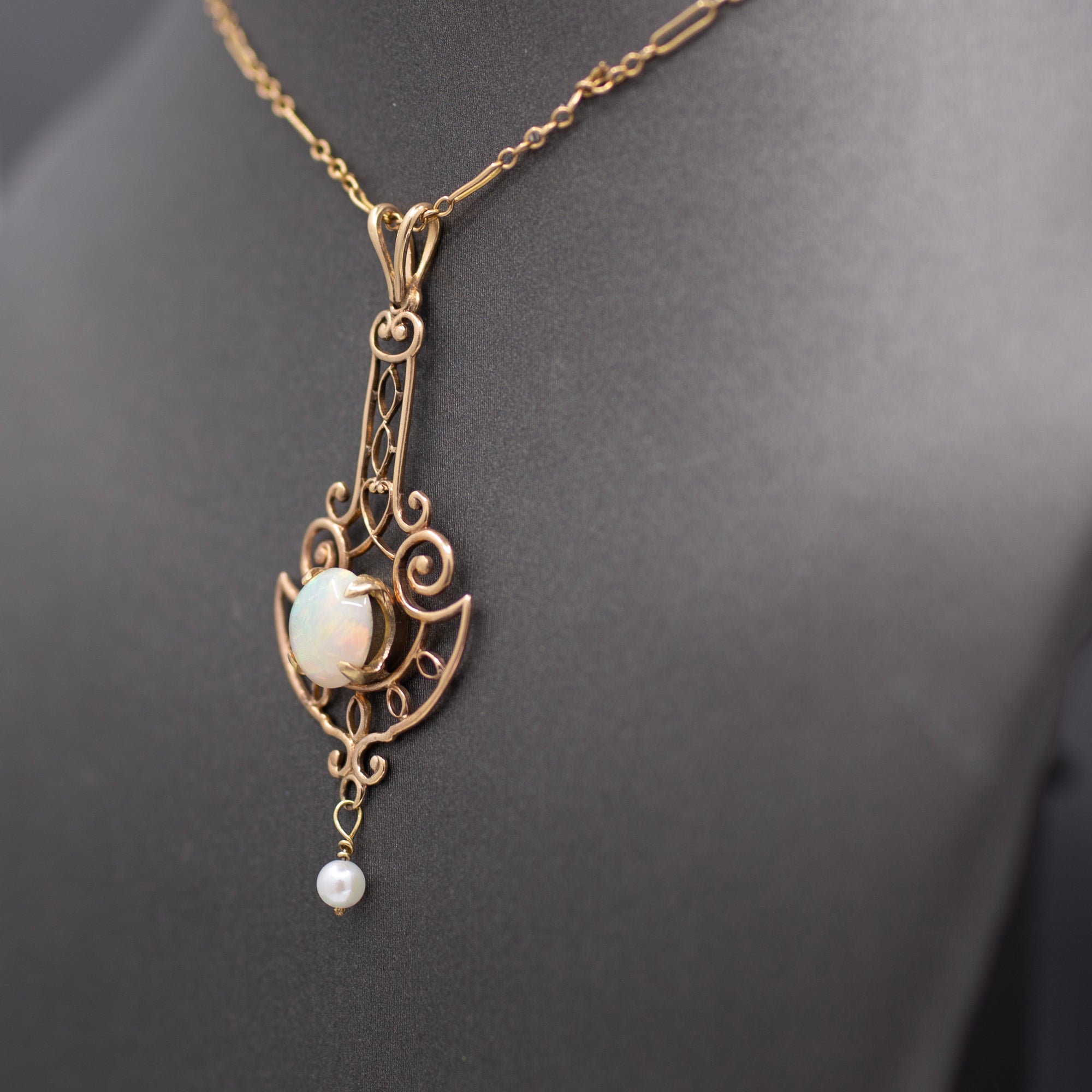 Lovely Art Nouveau Opal and Pearl Drop Pendant Necklace in 14k Rosy Gold