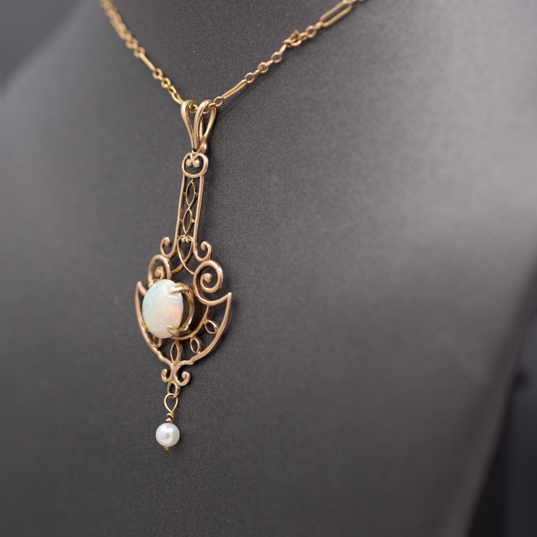 Lovely Art Nouveau Opal and Pearl Drop Pendant Necklace in 14k Rosy Gold