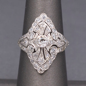 Lacy Art Deco Old Mine Cut Diamond Filigree Navette Ring in Platinum