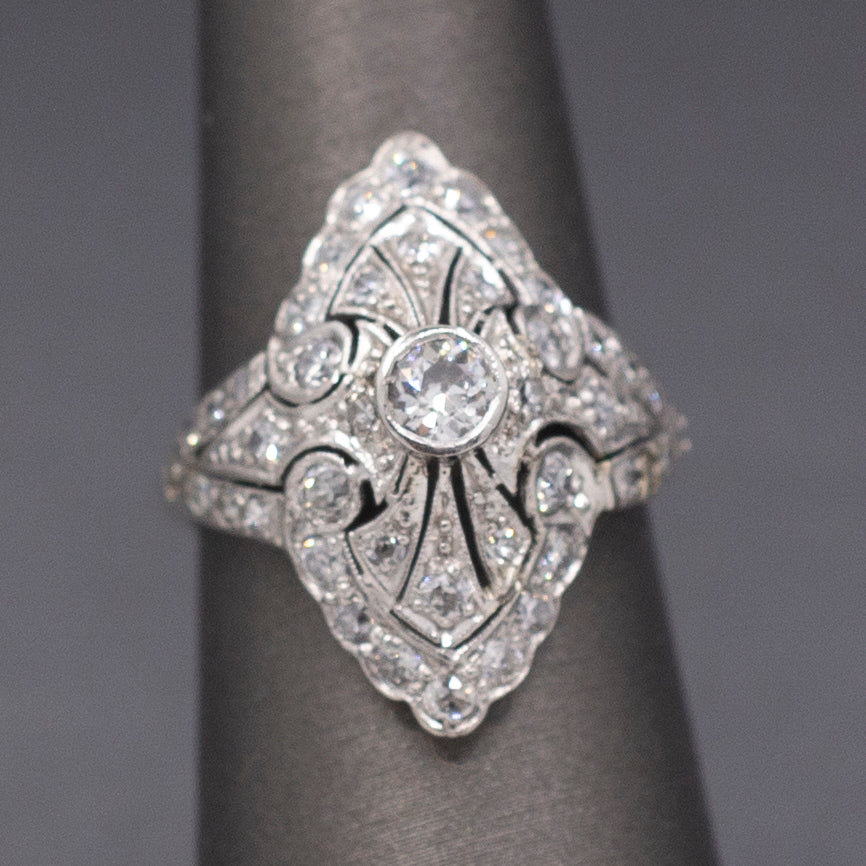 Fantastic Domed Art Deco Navette Old European Cut Diamond Dinner Ring in Platinum