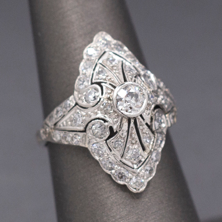 Fantastic Domed Art Deco Navette Old European Cut Diamond Dinner Ring in Platinum