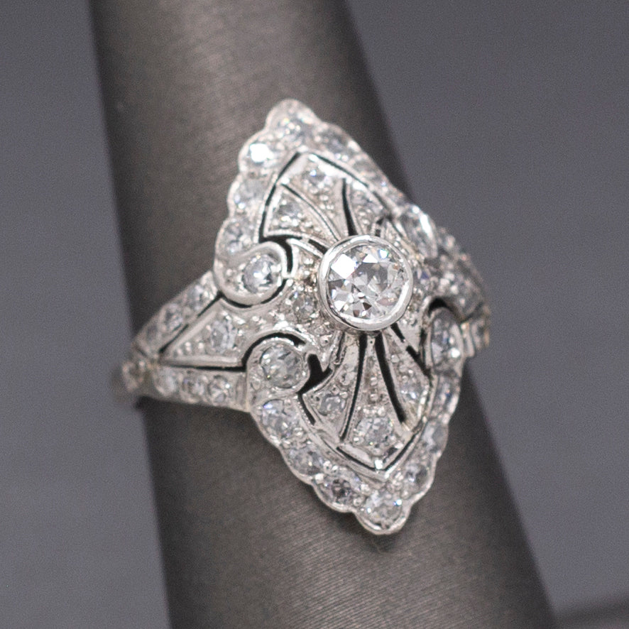 Fantastic Domed Art Deco Navette Old European Cut Diamond Dinner Ring in Platinum