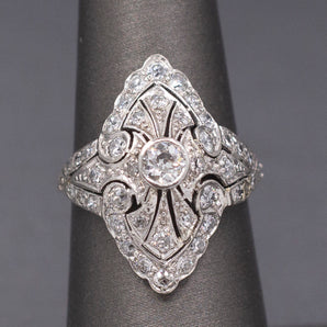 Fantastic Domed Art Deco Navette Old European Cut Diamond Dinner Ring in Platinum