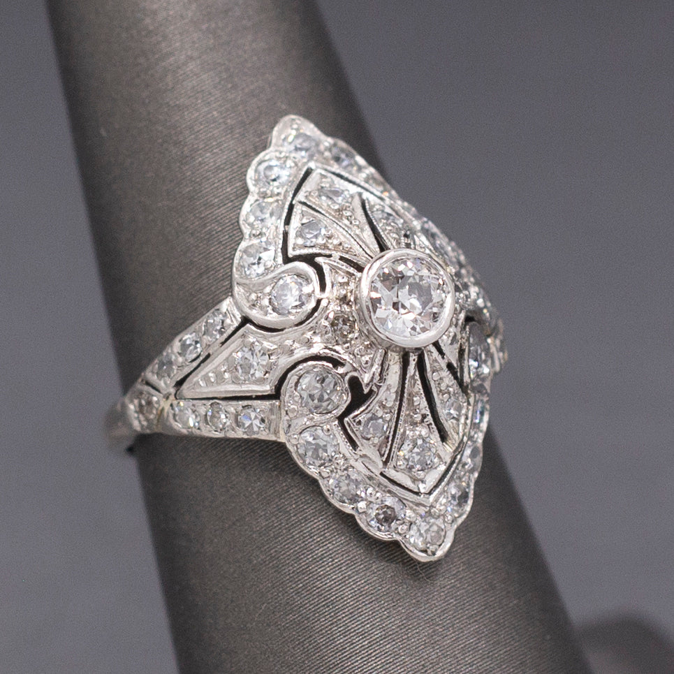 Fantastic Domed Art Deco Navette Old European Cut Diamond Dinner Ring in Platinum