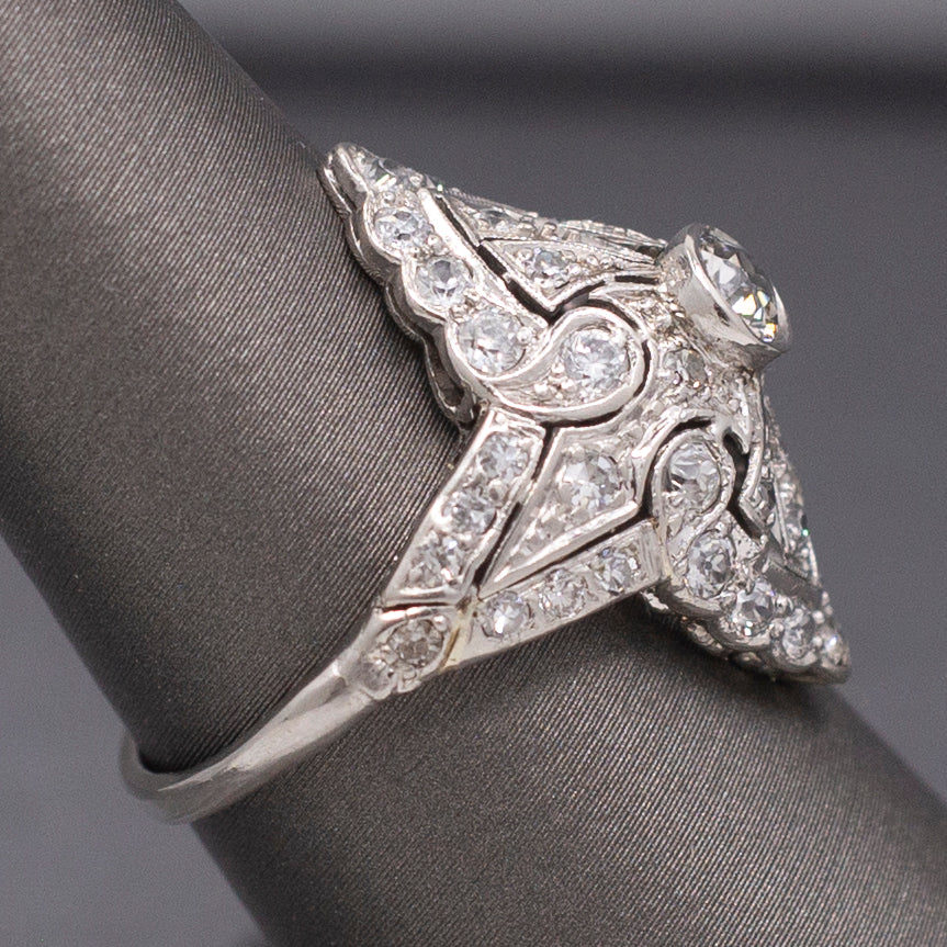 Fantastic Domed Art Deco Navette Old European Cut Diamond Dinner Ring in Platinum