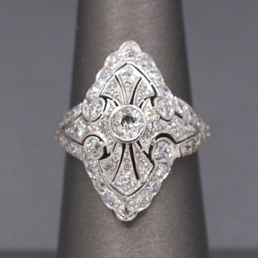 Fantastic Domed Art Deco Navette Old European Cut Diamond Dinner Ring in Platinum