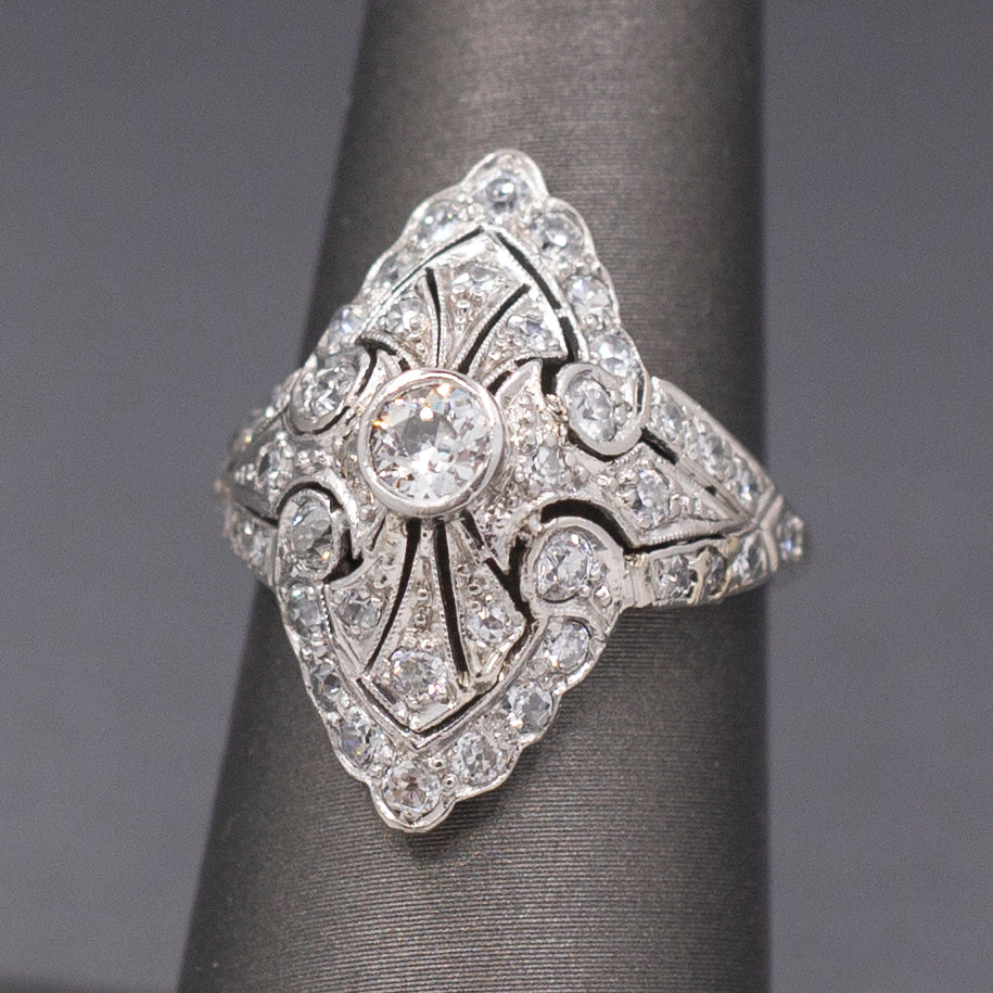 Fantastic Domed Art Deco Navette Old European Cut Diamond Dinner Ring in Platinum