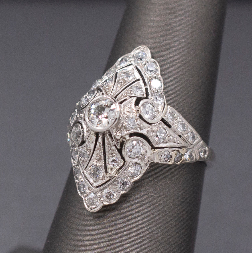 Fantastic Domed Art Deco Navette Old European Cut Diamond Dinner Ring in Platinum