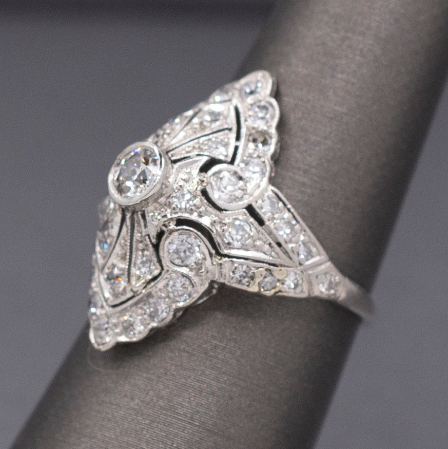 Fantastic Domed Art Deco Navette Old European Cut Diamond Dinner Ring in Platinum
