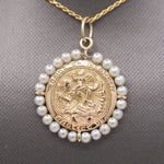 Pearl Encrusted St. Christopher Medallion Pendant in Solid 14k Yellow Gold