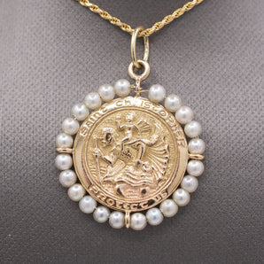 Pearl Encrusted St. Christopher Medallion Pendant in Solid 14k Yellow Gold