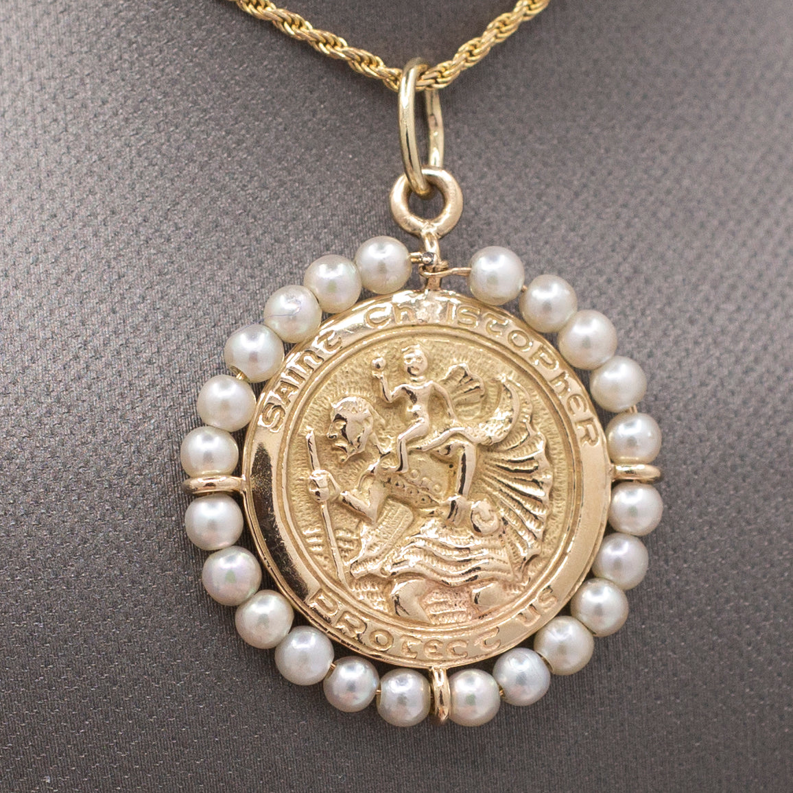 Pearl Encrusted St. Christopher Medallion Pendant in Solid 14k Yellow Gold