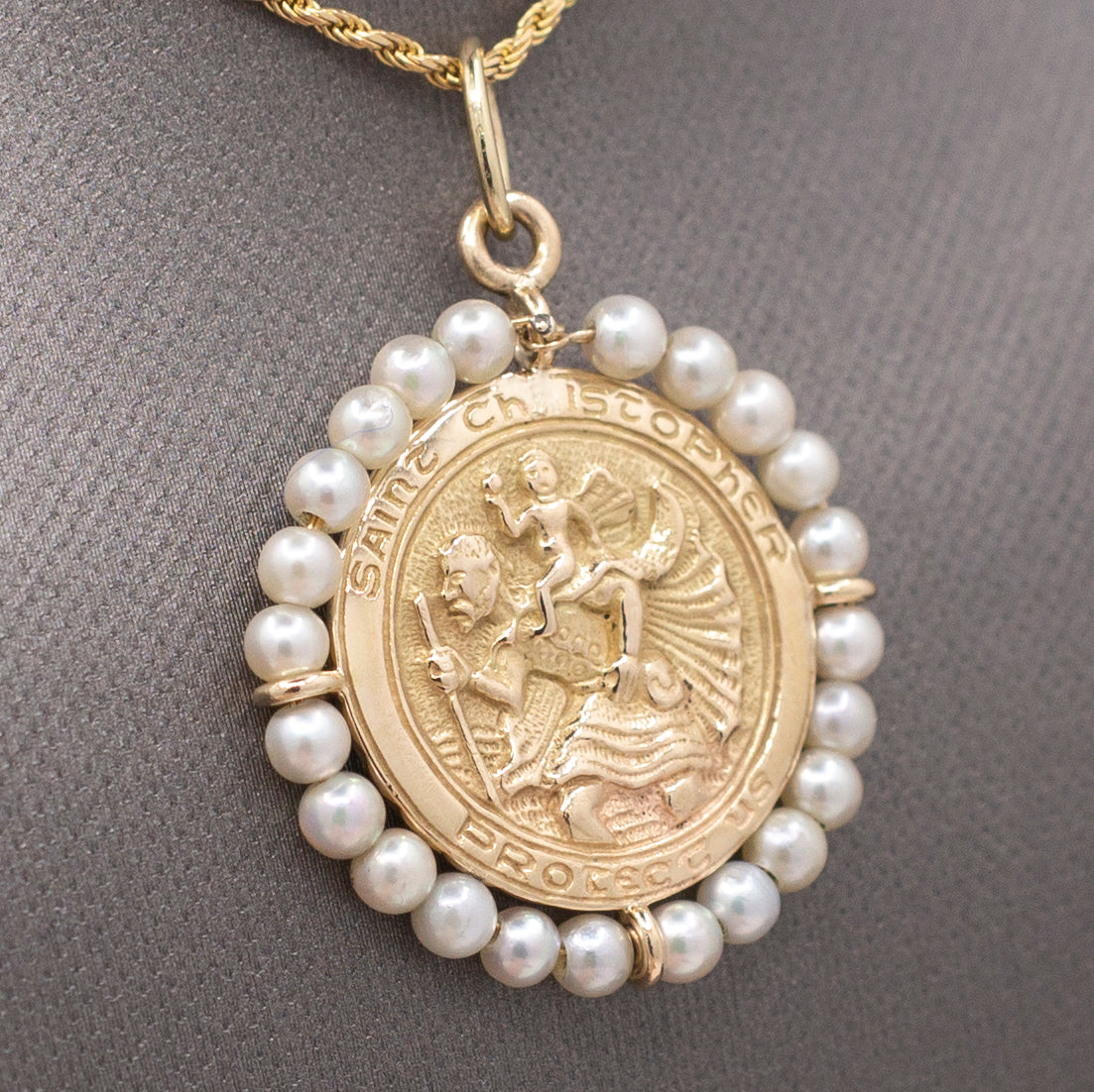 Pearl Encrusted St. Christopher Medallion Pendant in Solid 14k Yellow Gold