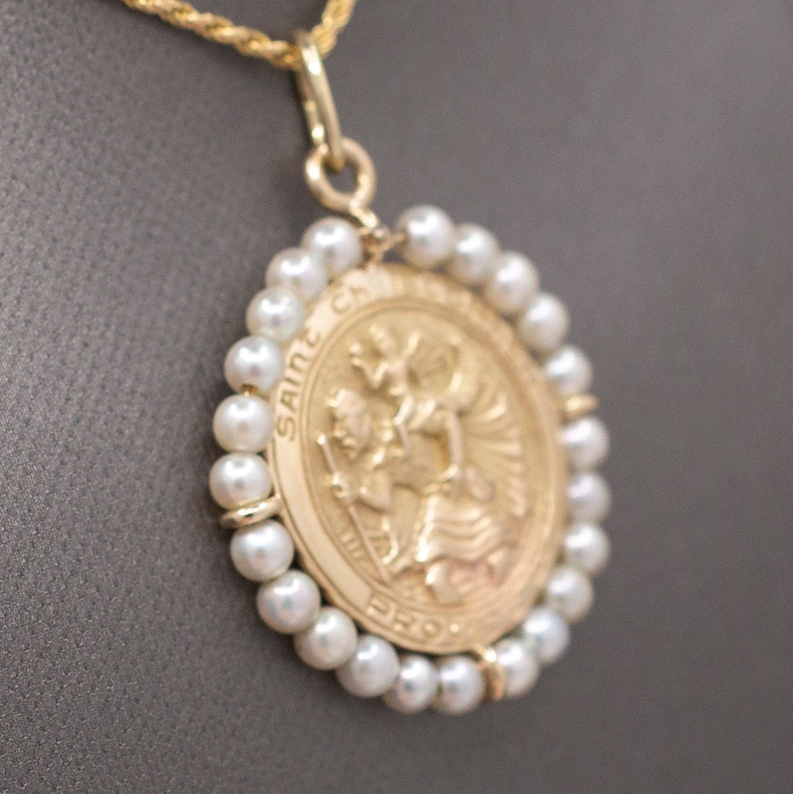 Pearl Encrusted St. Christopher Medallion Pendant in Solid 14k Yellow Gold