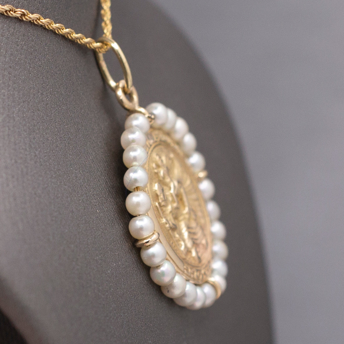 Pearl Encrusted St. Christopher Medallion Pendant in Solid 14k Yellow Gold