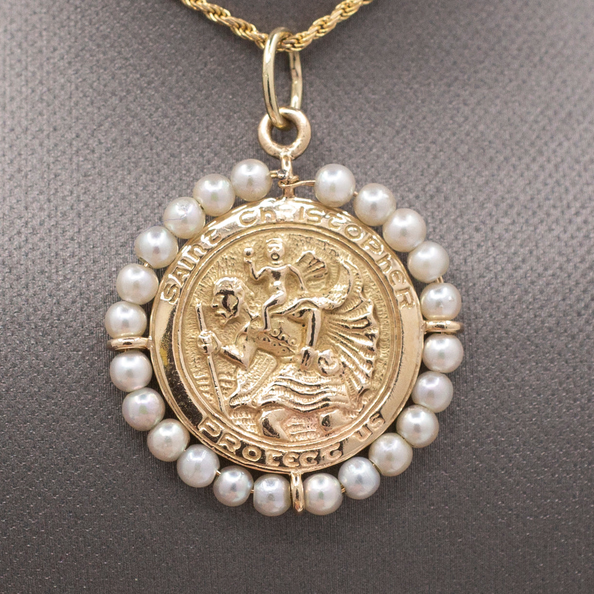 Pearl Encrusted St. Christopher Medallion Pendant in Solid 14k Yellow Gold