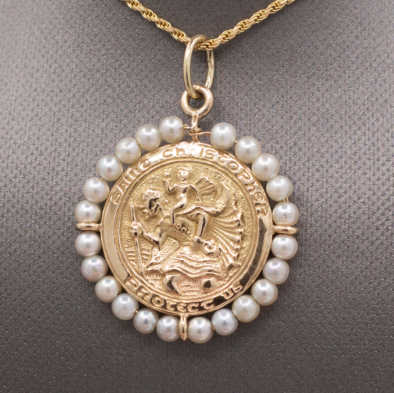 Pearl Encrusted St. Christopher Medallion Pendant in Solid 14k Yellow Gold