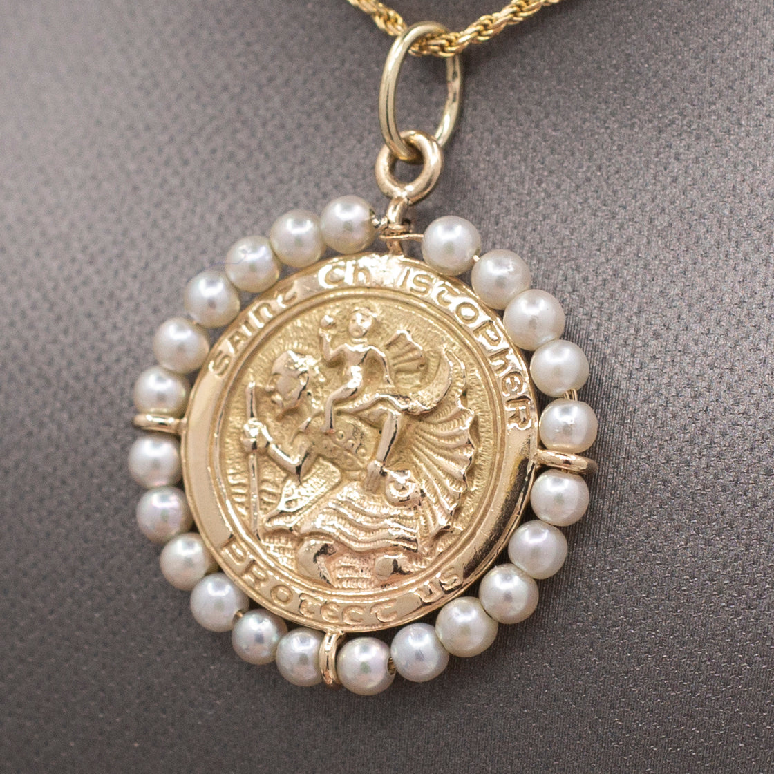 Pearl Encrusted St. Christopher Medallion Pendant in Solid 14k Yellow Gold