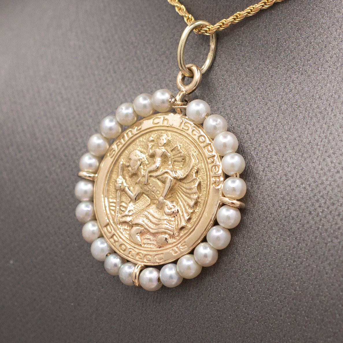 Pearl Encrusted St. Christopher Medallion Pendant in Solid 14k Yellow Gold