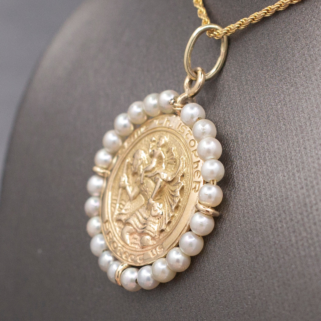 Pearl Encrusted St. Christopher Medallion Pendant in Solid 14k Yellow Gold