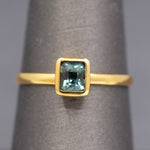 Handcrafted Bezel Set Teal Green Sapphire Solitaire Ring in 18k Yellow Gold
