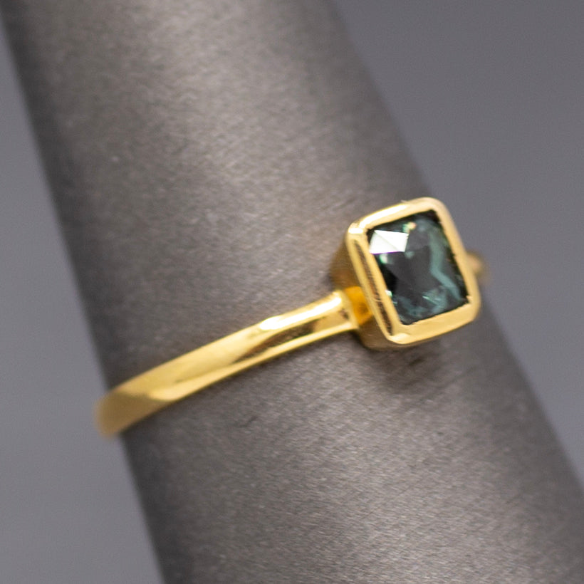 Handcrafted Bezel Set Teal Green Sapphire Solitaire Ring in 18k Yellow Gold