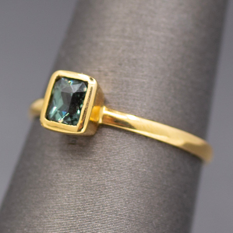 Handcrafted Bezel Set Teal Green Sapphire Solitaire Ring in 18k Yellow Gold
