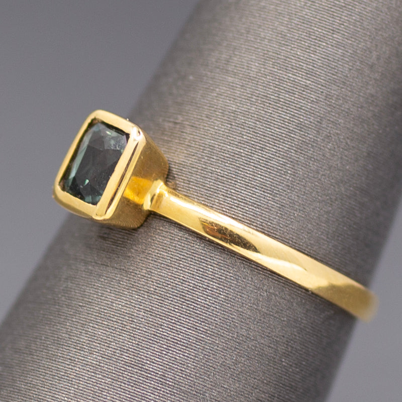 Handcrafted Bezel Set Teal Green Sapphire Solitaire Ring in 18k Yellow Gold