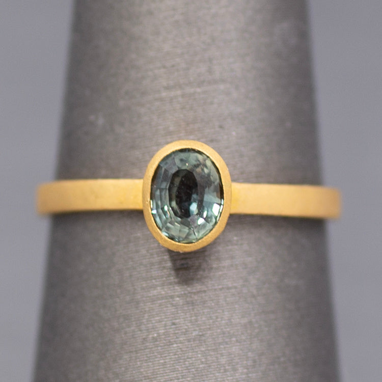 Handcrafted Bezel Set Oval Teal Green Sapphire Solitaire Ring in 18k Yellow Gold