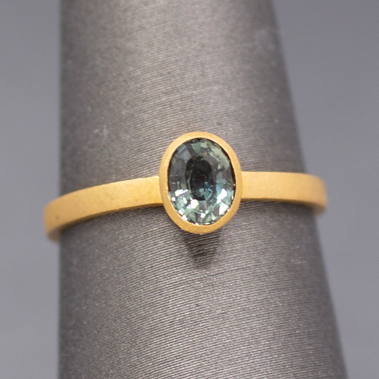 Handcrafted Bezel Set Oval Teal Green Sapphire Solitaire Ring in 18k Yellow Gold